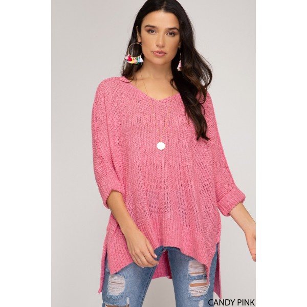 Top maglione Hi-Lo rosa confetto con maniche a 3/4 e polsini ripiegati