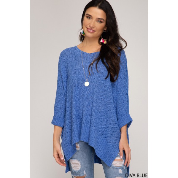 Diva Blue Hi-Lo Sweater Top maniche a 3/4 con polsini ripiegati