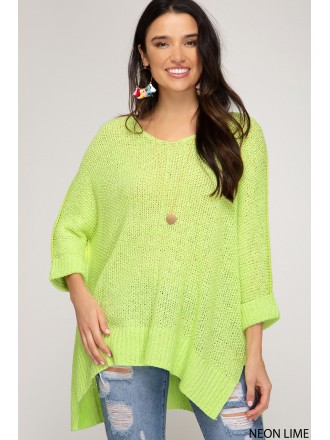 Neon Lime Hi-Lo Sweater Top con maniche a 3/4 e polsini ripiegati